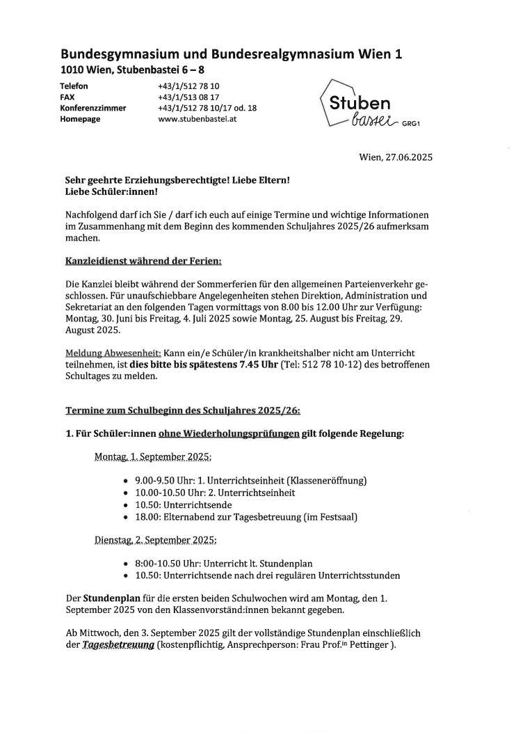 Elternbrief Infos Ferienbeginn und Schulbeginn 2025, S.1 klein
