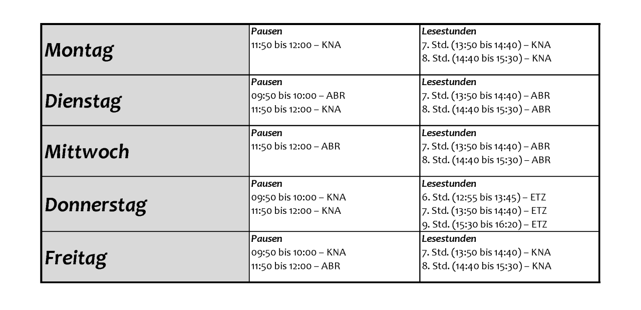 Öffnungszeiten Schulbibliothek 2025